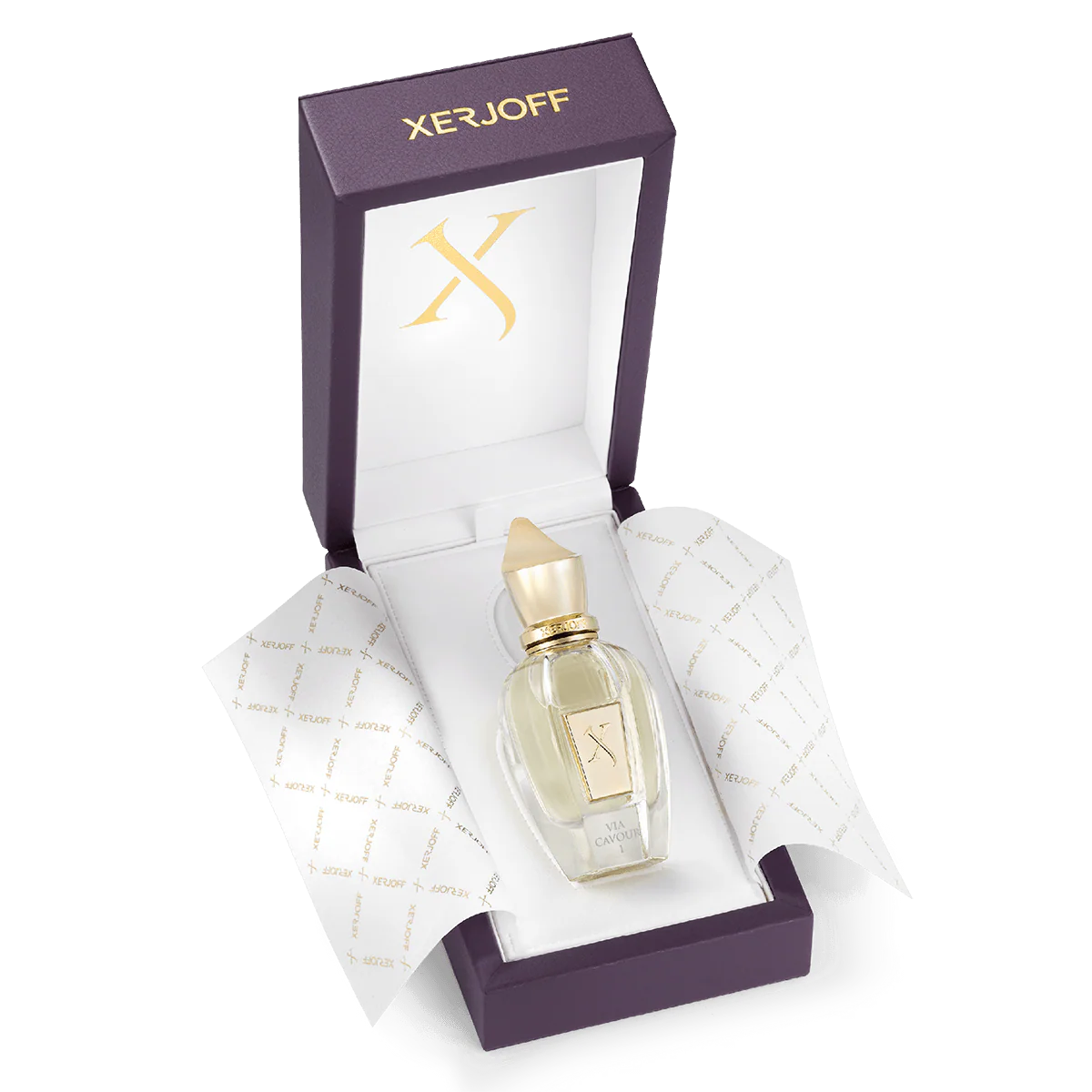 Perfume bottle with gold cap in a Xerjoff branded box on a white background