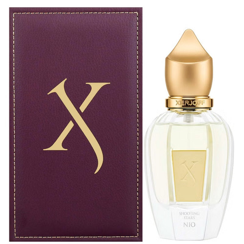 Xerjoff perfume bottle with purple case featuring gold 'X' logo