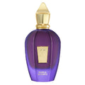 Purple perfume bottle with gold cap on a white background