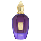 Purple perfume bottle with gold cap on a white background