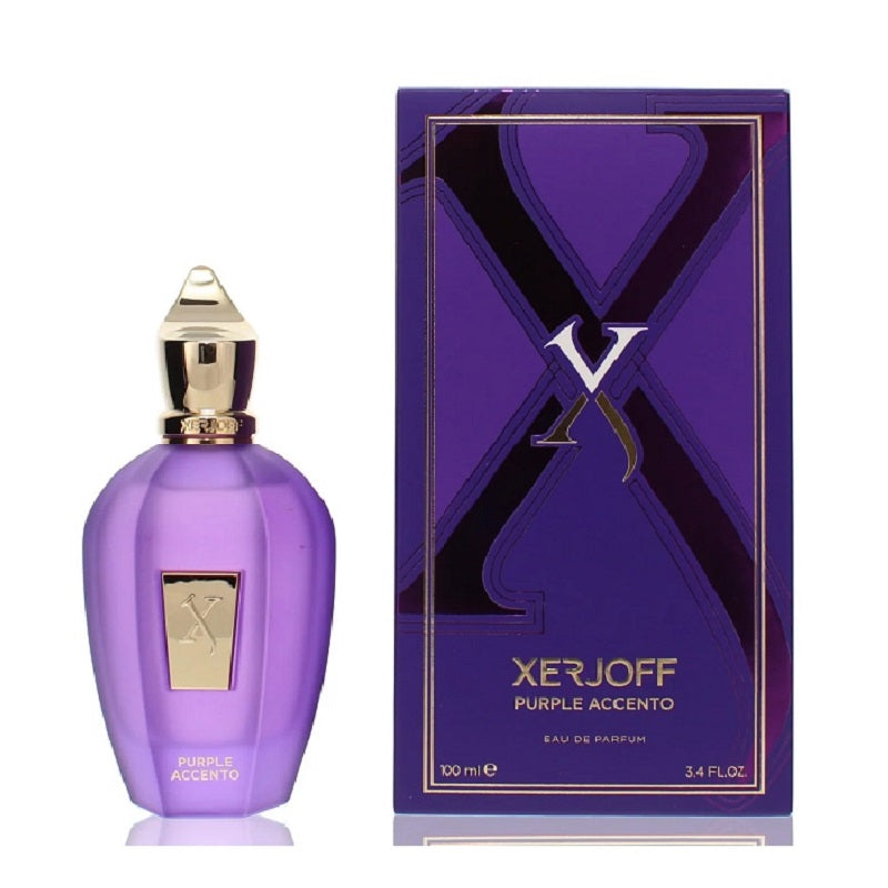 Purple Xerjoff perfume bottle and packaging on a white background