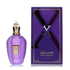 Purple Xerjoff perfume bottle and packaging on a white background