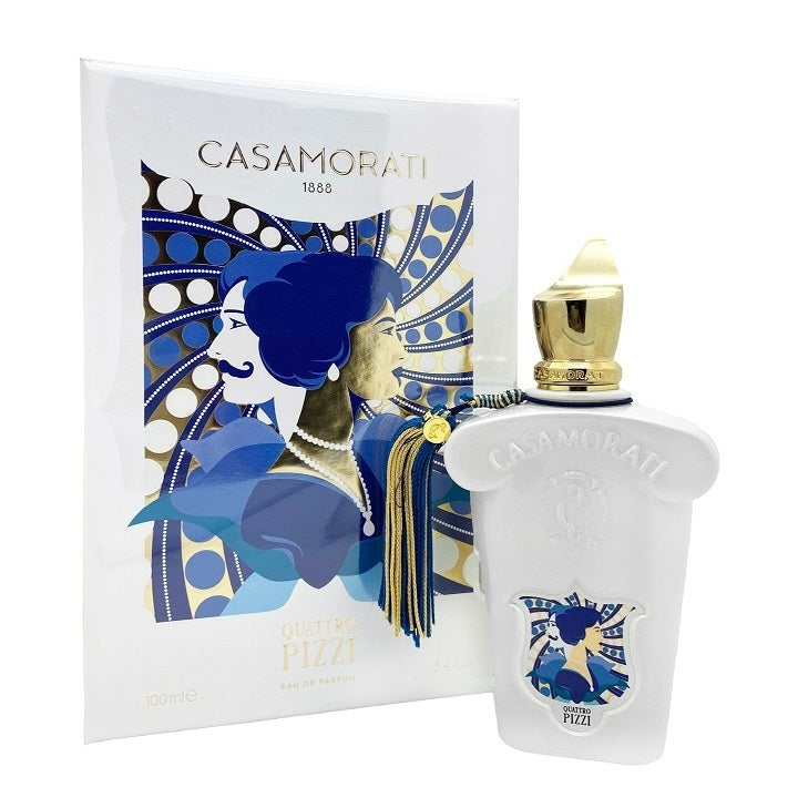 A product image featuring a Casamorati Quattro Pizzi perfume bottle with a blue and white Art Deco design packaging.
