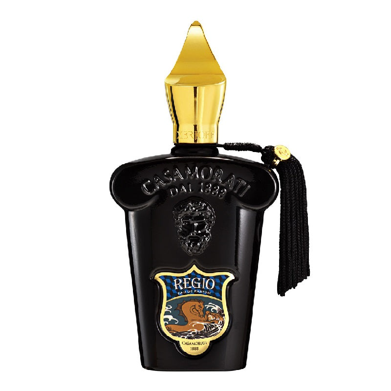 Black Casamorati Regio bottle with gold cap on a white background