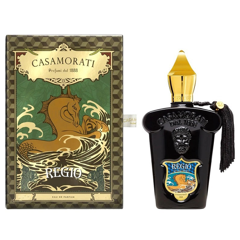 The product image shows two views of the Casamorati Regio Eau De Parfum by Xerjoff. One view is the front of the perfume bottle with a black label and gold cap, and the other view is the packaging box with a dragon illustration.