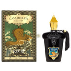 The product image shows two views of the Casamorati Regio Eau De Parfum by Xerjoff. One view is the front of the perfume bottle with a black label and gold cap, and the other view is the packaging box with a dragon illustration.