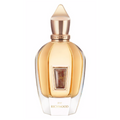 Perfume bottle with gold cap and clear body on a white background