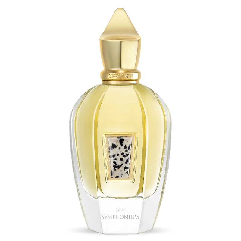 Perfume bottle with gold cap and decorative label on a white background