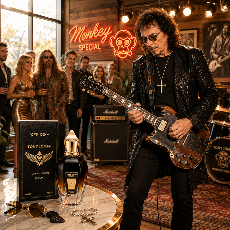 A rock star in a black sequined jacket and sunglasses plays an electric guitar in a lounge setting, while a perfume bottle and its box labeled XERUFF JONY IOMMI MONKEY SPECIAL are displayed on a marble table in the foreground.
