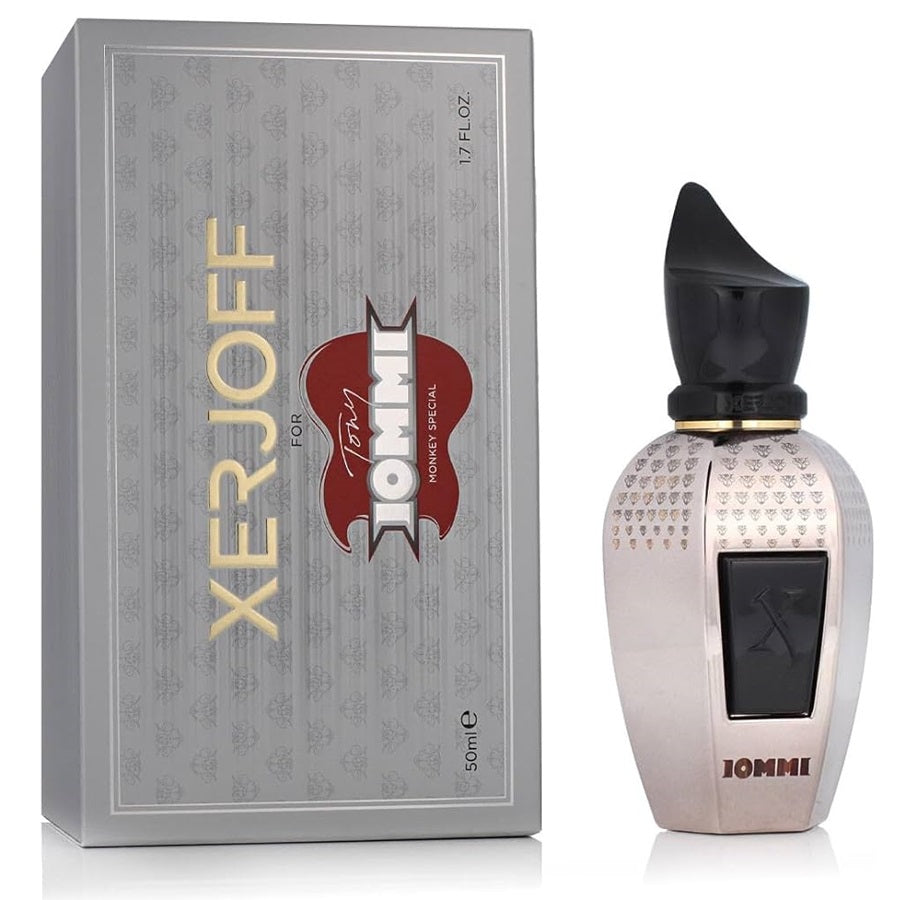 Xerjoff for Tomi IOMMI cologne 50ml bottle next to its silver packaging box on a white background.
