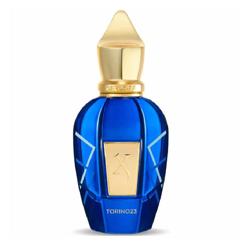 Blue perfume bottle with gold cap on a white background