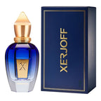 Blue perfume bottle with gold accents and Xerjoff packaging on a white background
