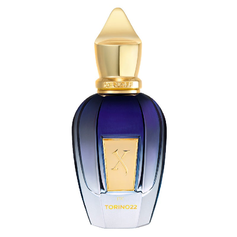 Perfume bottle with gold cap and label on a white background