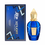 Blue and gold Xerjoff perfume bottle with packaging on a white background