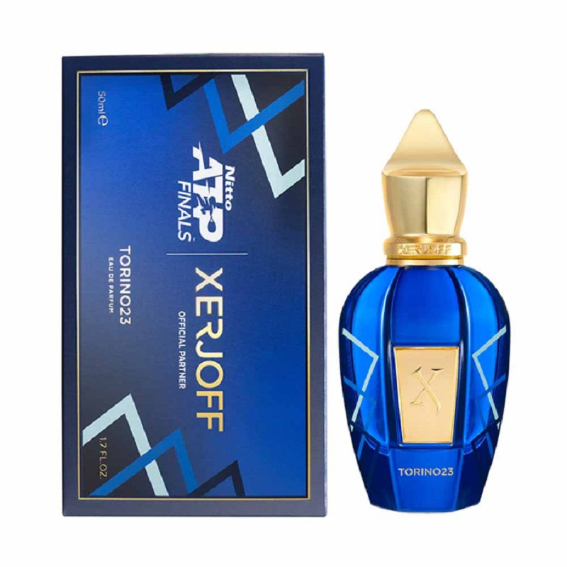 Blue and gold Xerjoff perfume bottle with packaging on a white background