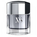 A glass bottle of XS Pour Homme Eau de Toilette by Rabanne with a metallic cap and XS logo prominently displayed.