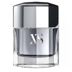 A glass bottle of XS Pour Homme Eau de Toilette by Rabanne with a metallic cap and XS logo prominently displayed.