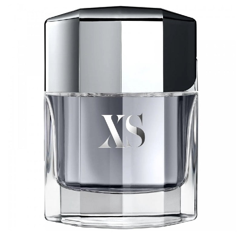 A glass bottle of XS Pour Homme Eau de Toilette by Rabanne with a metallic cap and XS logo prominently displayed.