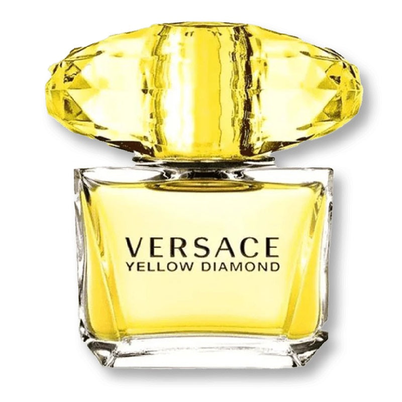 Versace Yellow Diamond perfume bottle with yellow cap on a white background
