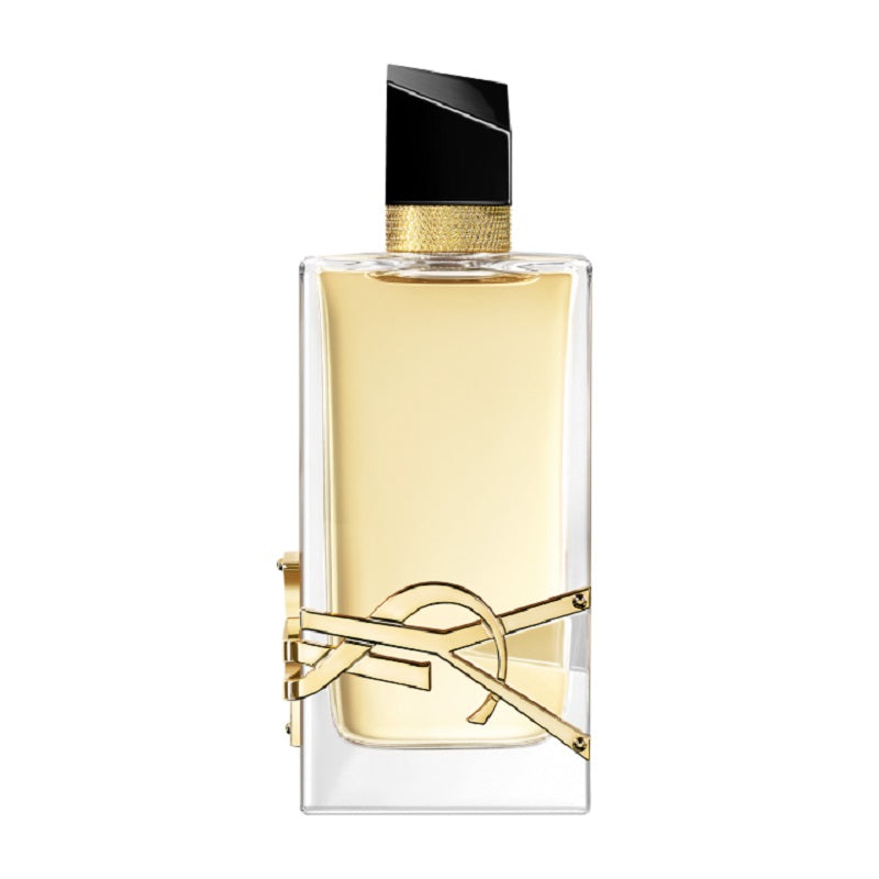 A glass bottle of Libre Eau de Parfum by Yves Saint Laurent with a gold cap and a decorative gold band around the mid-section.