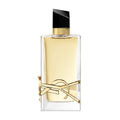 A glass bottle of Libre Eau de Parfum by Yves Saint Laurent with a gold cap and a decorative gold band around the mid-section.