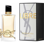 Libre Eau De Parfum by Yves Saint Laurent in a clear bottle with a gold cap, alongside its packaging box with the brand's logo.