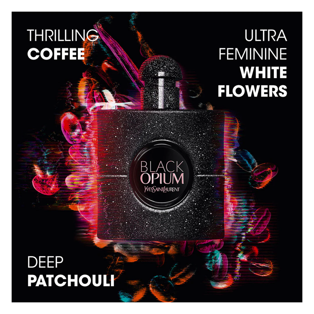 YSL Black Opium perfume bottle with colourful abstract design on a black background highlighting the perfume notes