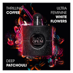 Black Opium by Y'shvaaren perfume bottle in a dark glittery finish, surrounded by colorful abstract smoke effects and coffee bean illustrations on a black background. Bold white text reads 'THRILLING COFFEE', 'ULTRA FEMININE WHITE FLOWERS', and 'DEEP PATCHOULI'.