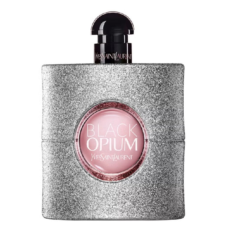Yves Saint Laurent Black Opium perfume bottle with silver glittery design on a white background
