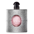 Yves Saint Laurent Black Opium perfume bottle with silver glittery design on a white background