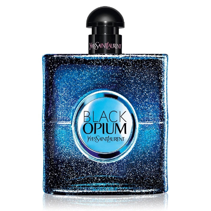 A bottle of Black Opium Intense Eau de Parfum by Yves Saint Laurent with a sparkling blue design.