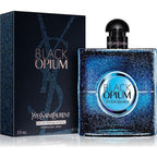 Black Opium Intense Eau de Parfum by Yves Saint Laurent, packaging and bottle design with a sparkling blue design on the bottle and black box.
