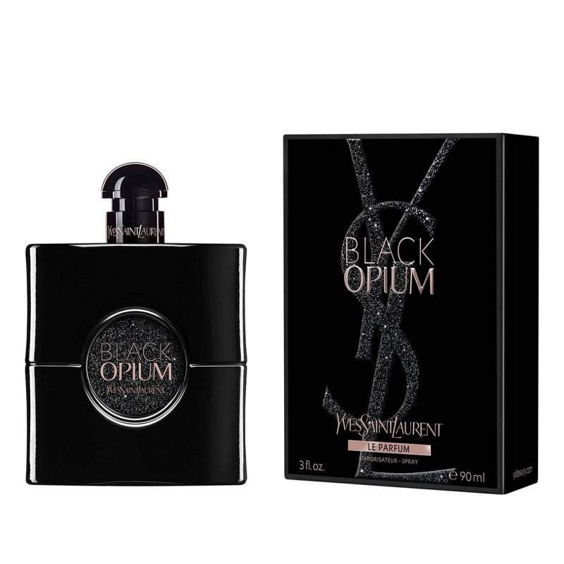 Black Opium Le Parfum by Yves Saint Laurent, a 50ml bottle of eau de parfum, with the product packaging displayed next to it.