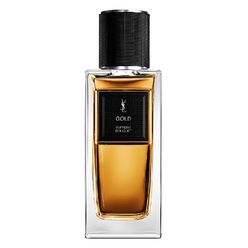 Perfume bottle labeled 'Gold' by Yves Saint Laurent on a white background