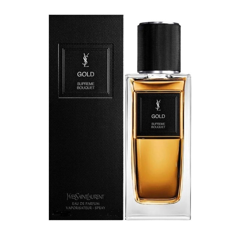 Yves Saint Laurent Gold Supreme Bouquet perfume bottle and packaging on a white background