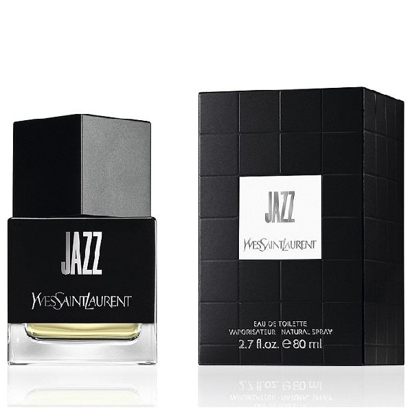 The image shows two products, a bottle of Yves Saint Laurent Jazz Eau de Toilette and its packaging box, both with the brand name 'JAZZ' prominently displayed.