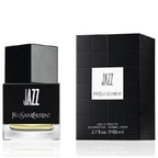 The image shows two products, a bottle of Yves Saint Laurent Jazz Eau de Toilette and its packaging box, both with the brand name 'JAZZ' prominently displayed.