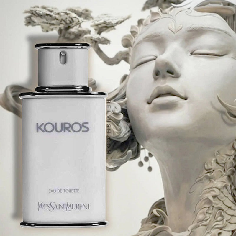 Yves Saint Laurent Kouros perfume bottle with classical sculpture in the background