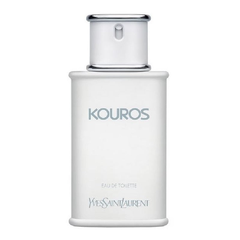 A white bottle of Kouros Eau de Toilette by Yves Saint Laurent with a chrome cap and the brand and fragrance name displayed on the front.