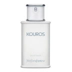 A white bottle of Kouros Eau de Toilette by Yves Saint Laurent with a chrome cap and the brand and fragrance name displayed on the front.