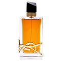 A glass bottle of Libre Intense Eau de Parfum by Yves Saint Laurent with a gold-colored cap and ornamental band.