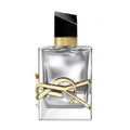 A glass bottle of Yves Saint Laurent Libre L'Absolu Platine eau de parfum, with a gold and black design element around the neck.