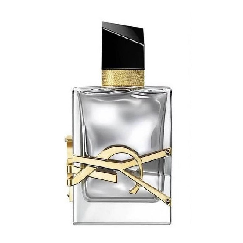 A glass bottle of Yves Saint Laurent Libre L'Absolu Platine eau de parfum, with a gold and black design element around the neck.