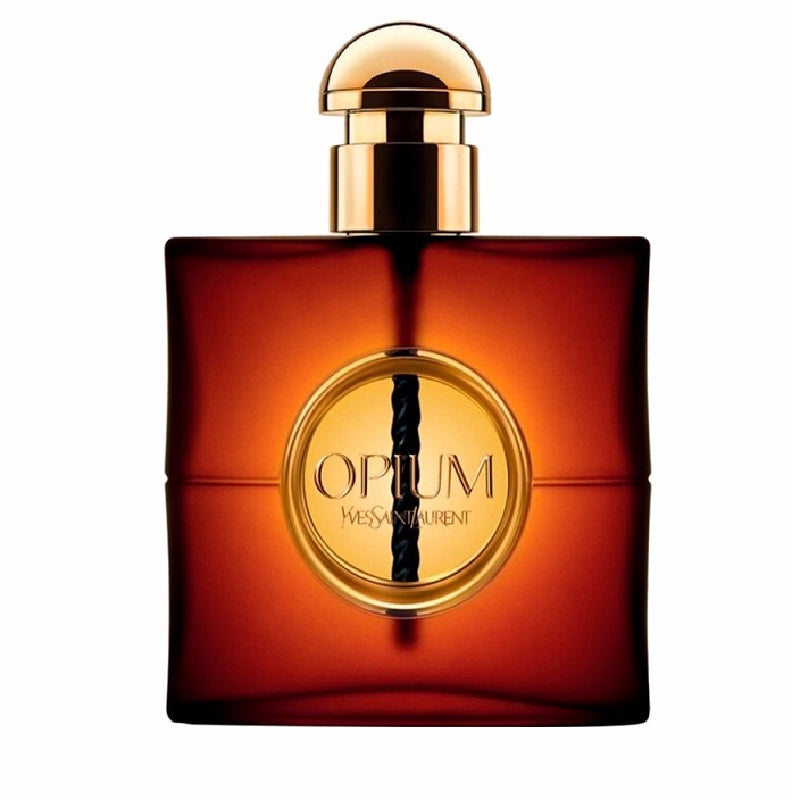 A 50ml bottle of Opium Eau de Toilette by Yves Saint Laurent with a amber colored liquid and a gold-colored label.