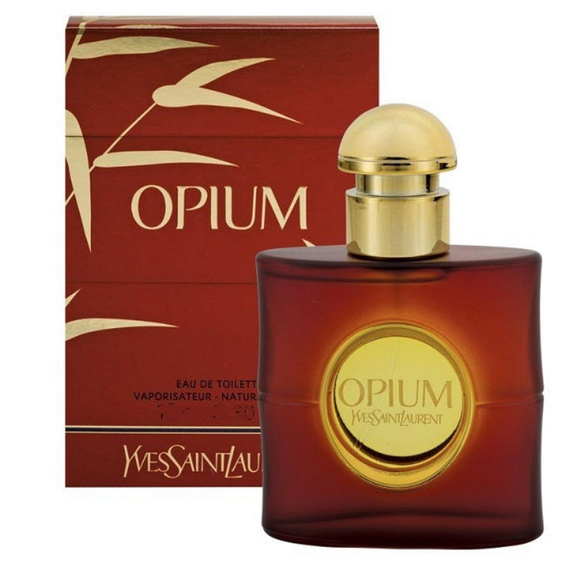 A 50ml bottle of Opium Eau de Toilette by Yves Saint Laurent with a gold-colored cap, alongside its red and gold packaging box.