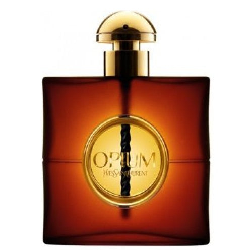 A square-shaped brown perfume bottle with a gold cap, labeled 'Opium' by Yves Saint Laurent.