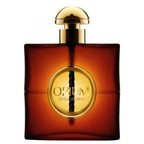 A square-shaped brown perfume bottle with a gold cap, labeled 'Opium' by Yves Saint Laurent.