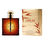 Pack Image: Yves Saint Laurent Opium Original Eau de Parfum presentation with the signature amber bottle beside the matching luxury presentation box on a pure white background.