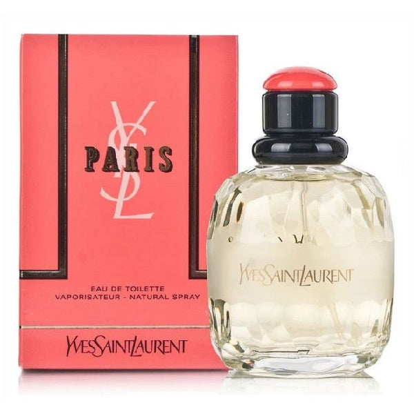 A photograph of Yves Saint Laurent's 'Paris' Eau de Toilette, featuring the perfume bottle with a clear liquid visible inside, alongside its pink packaging box.