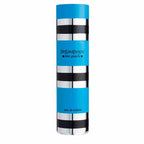 A cylindrical spray bottle of Rive Gauche Eau de Toilette by Yves Saint Laurent, predominantly blue with black and white accents.